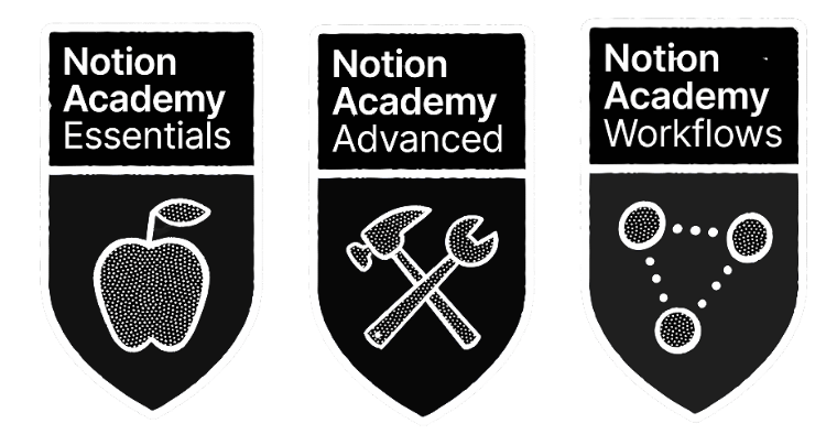 Selos de certificação Notion Academy: Essentials, Advanced e Workflows